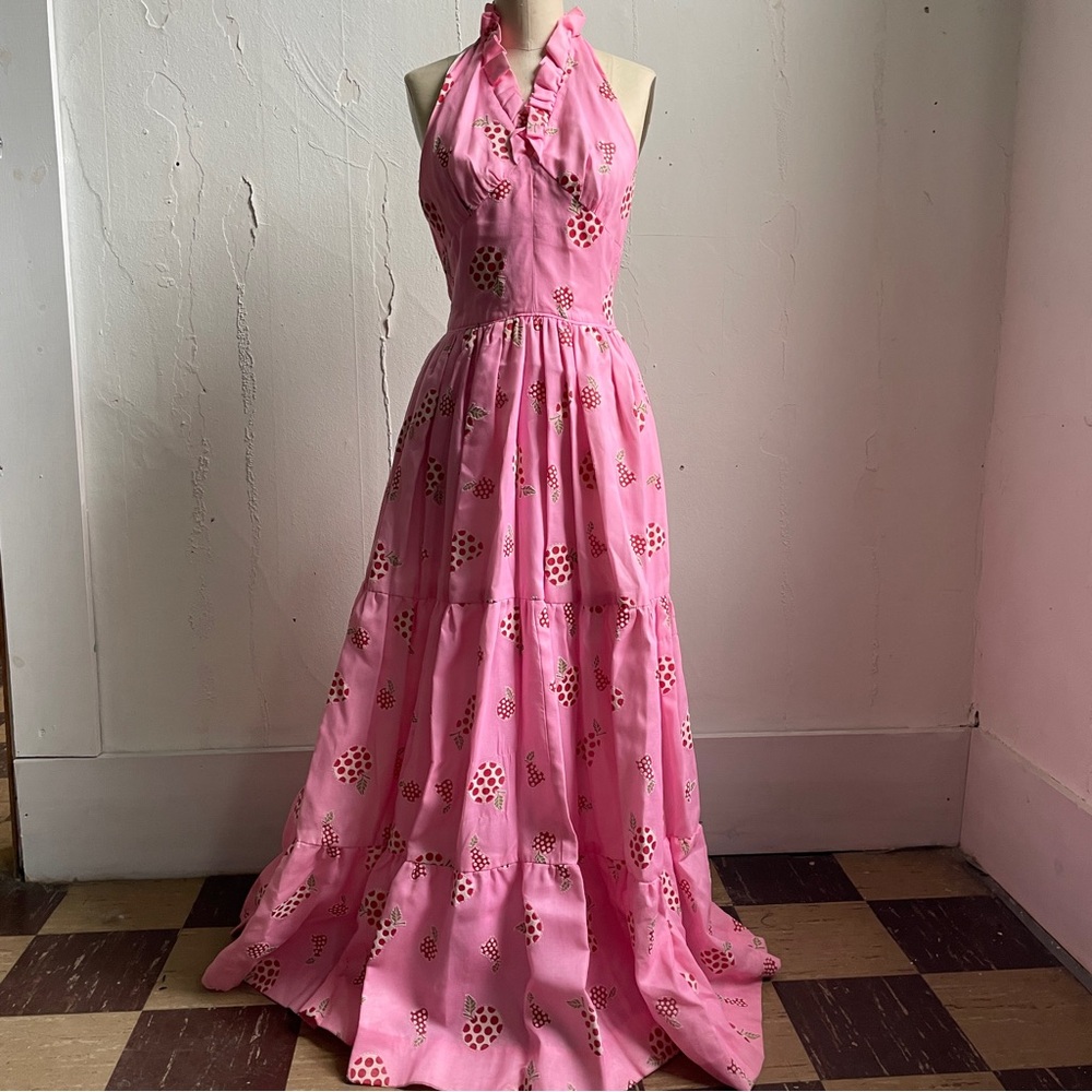 Vintage 1970s Tiered Halter Gown Dress Hot Pink Apples Pears Flocked Print